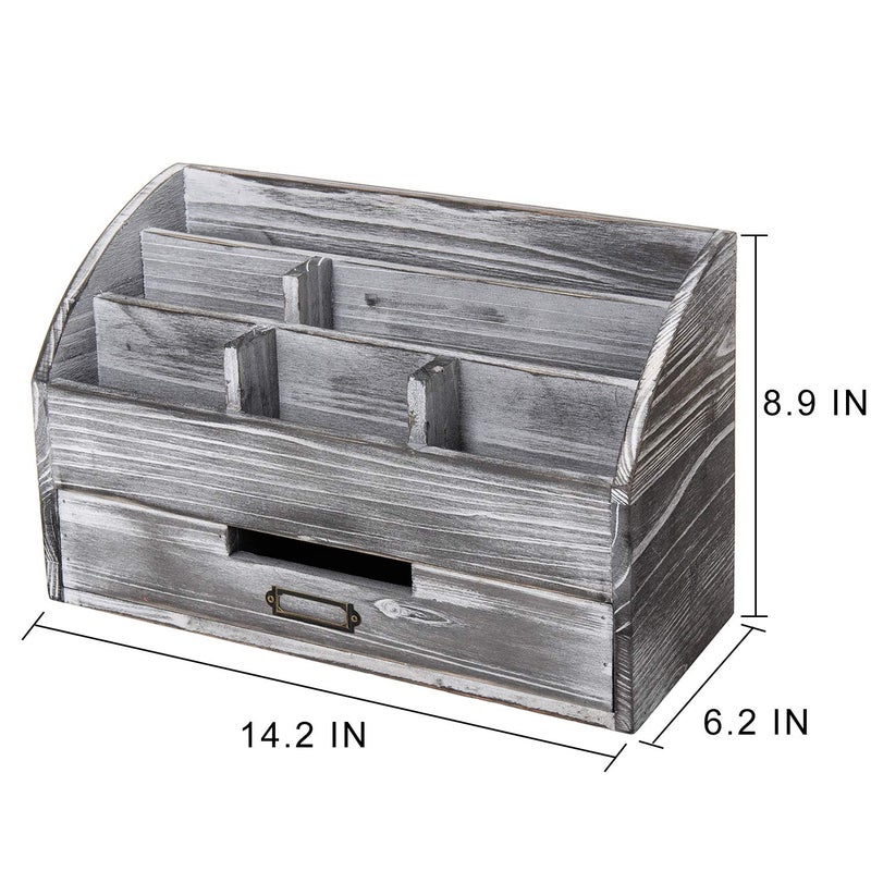 canwedance Distressed Rustic Wooden Office Desk Organizer 5 Compartment with 2 Drawer &Counter Desk Tabletop Desktop Mail Rack, Pens, Notebooks, Folders, Pencils and Office Supplies (grey) - Image 2
